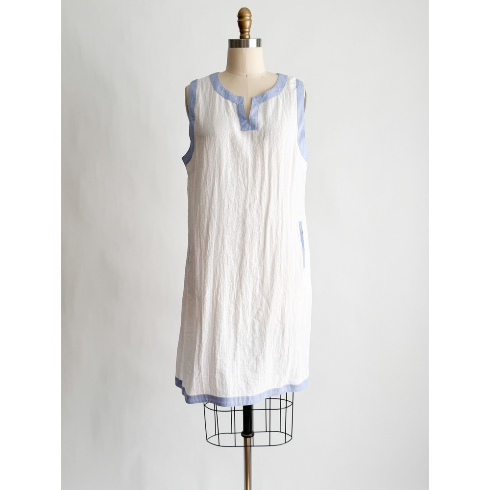Les Canediers Shift Dress Coastal‎ Split Neck Sleeveless 42 White Blue Contrast